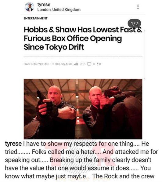 Tyrese se moque d'Hobbs & Shaw sur Instagram